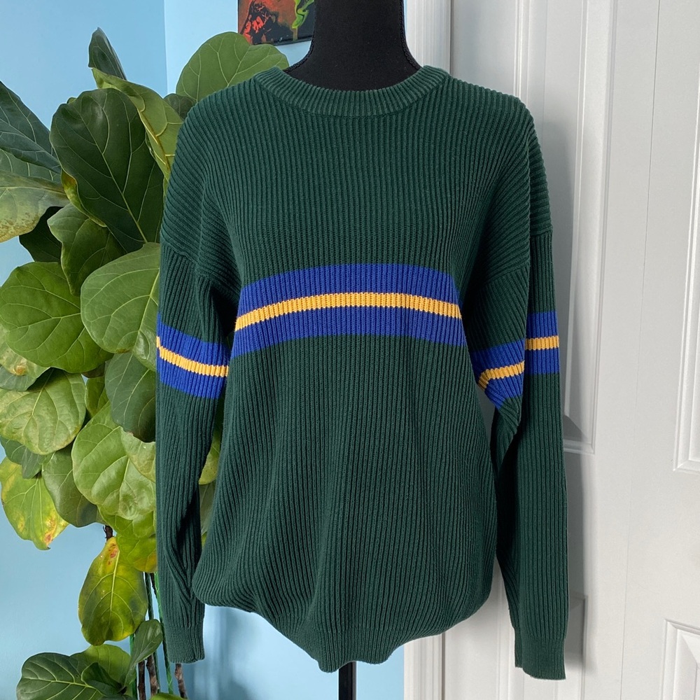 Retro Field Gear Men's Medium Green Blue And Yellow Stripe Classic Knit Sweater